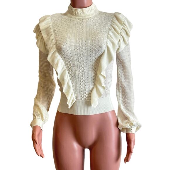 Chloe Knit Sweater Size S Vanilla Ice Ruffle Puff Sleeve MOP Buttons Mock Neck - Picture 2 of 16
